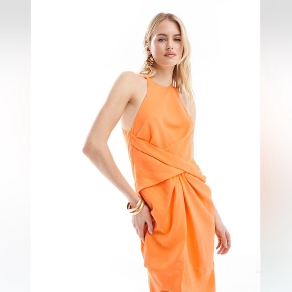 ASOS Textured Racer Neck Maxi Dress Twist Waist NWT in Orange Sz. 6 / 10 UK - Picture 5 of 14